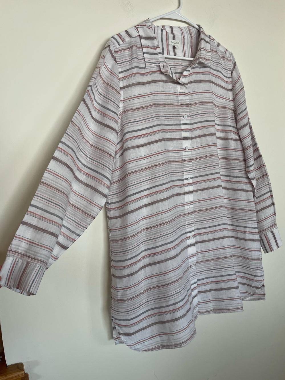Garnet Hill 100% LInen White Striped Button-Up Shirt Tunic Long Sleeve Large